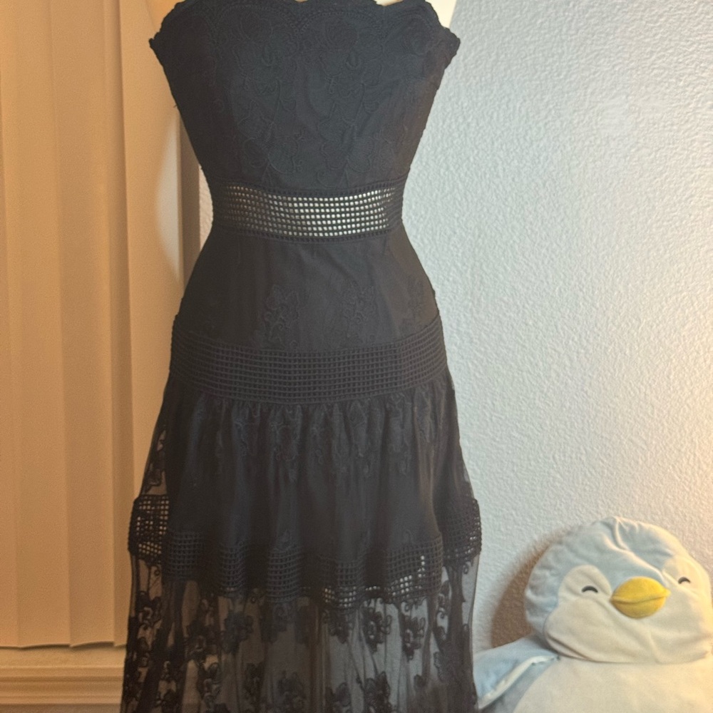 Minuet Petite Black Strapless Lace Dress